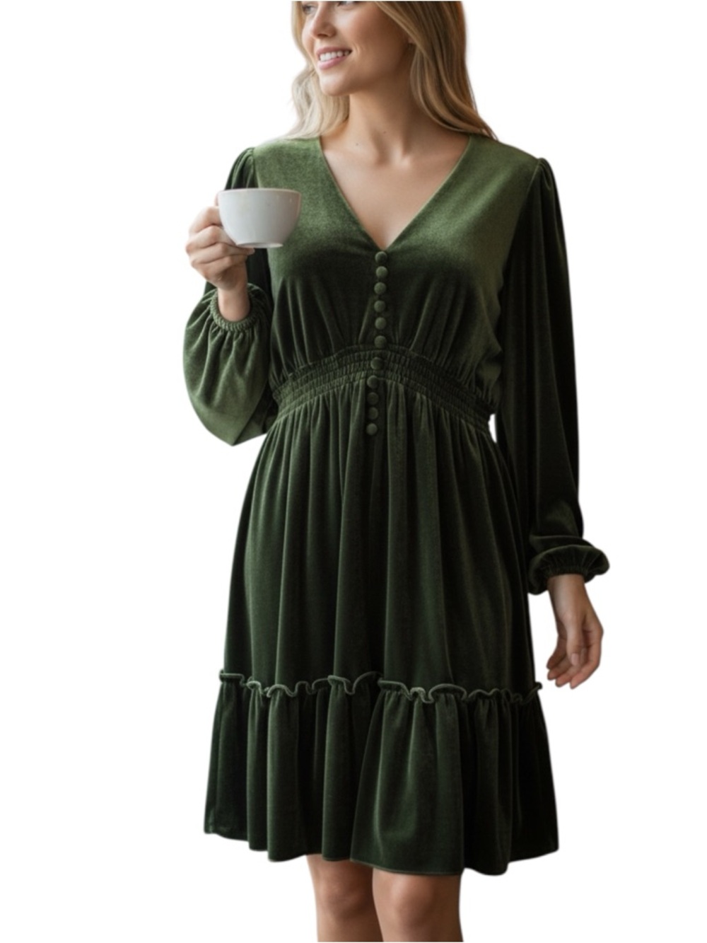 Taylor Dress Size M V-Neck Long-Sleeve Smocked-Waist Green Velvet